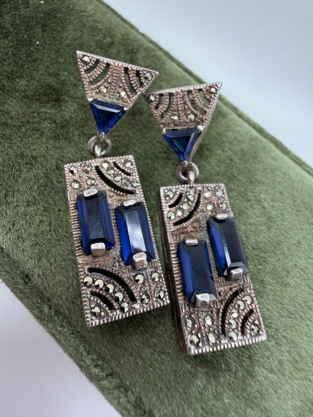 Art Deco style sterling silver drop earrings geometric blue stones and Marcasite